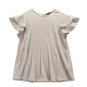 Adrianna Papell Women Sz L Blush Black Speckled Ruffle Short Sleeve Top Blouse